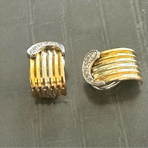 Two Tone Gold & Diamond Pierced Earrings - Picture 9 of 10